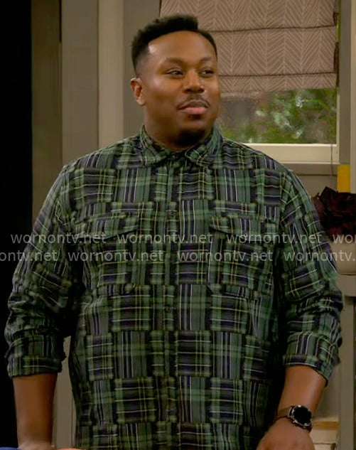 Marty's green patchwork plaid shirt on The Neighborhood