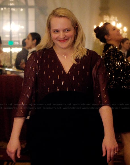 Mary's burgundy foil detail dress on Imperfect Women