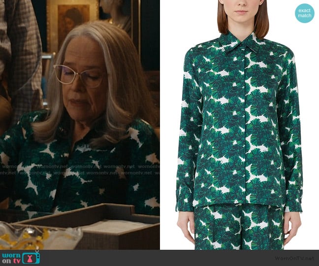 Max Mara Rodesia printed silk twill shirt worn by Madeline Matlock (Kathy Bates) on Matlock