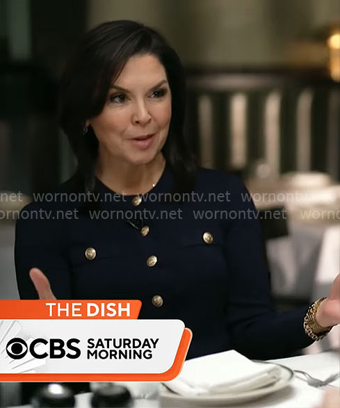 Meg Olivers’ black cardigan with gold buttons on CBS Mornings