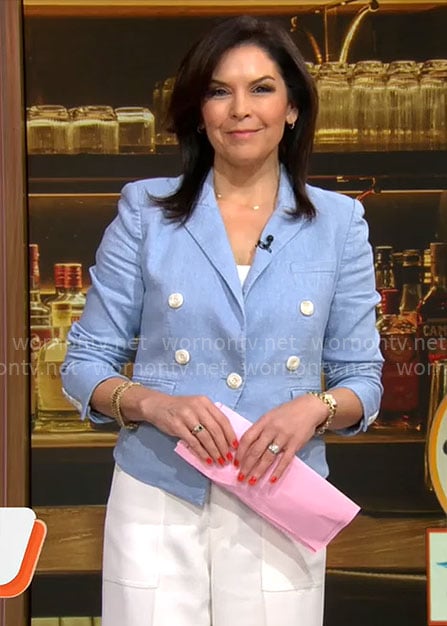 Meg Oliver’s light blue blazer with white buttons on CBS Mornings