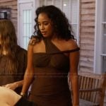 Mia’s brown asymmetric off shoulder dress on Summer House