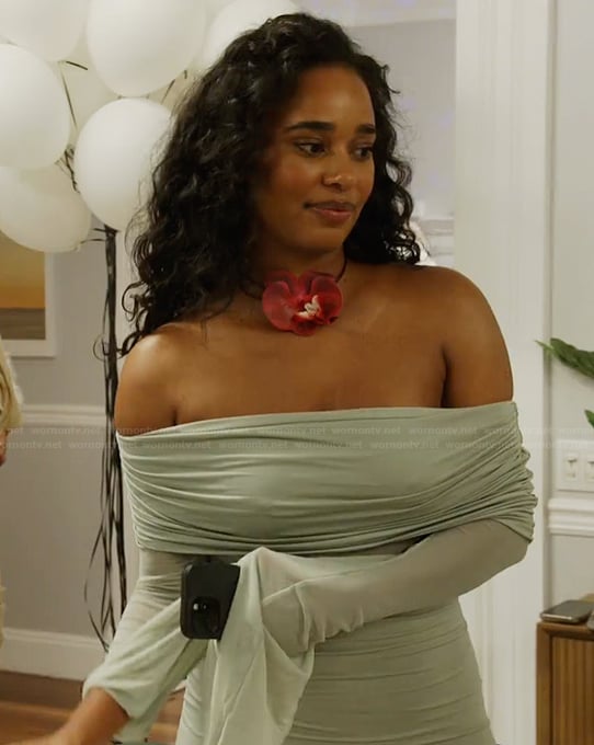 Mia's mint off shoulder mesh dress on Summer House