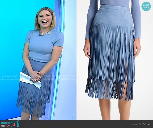 Michael Kors Collection Fringed Suede Skirt in Lake worn by Jenna Bush Hager on Today