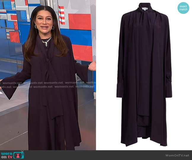 Michael Kors Collection Scarf-Tie Silk Hi-Low Shirtdress worn by Morgan Radford on NBC News Daily