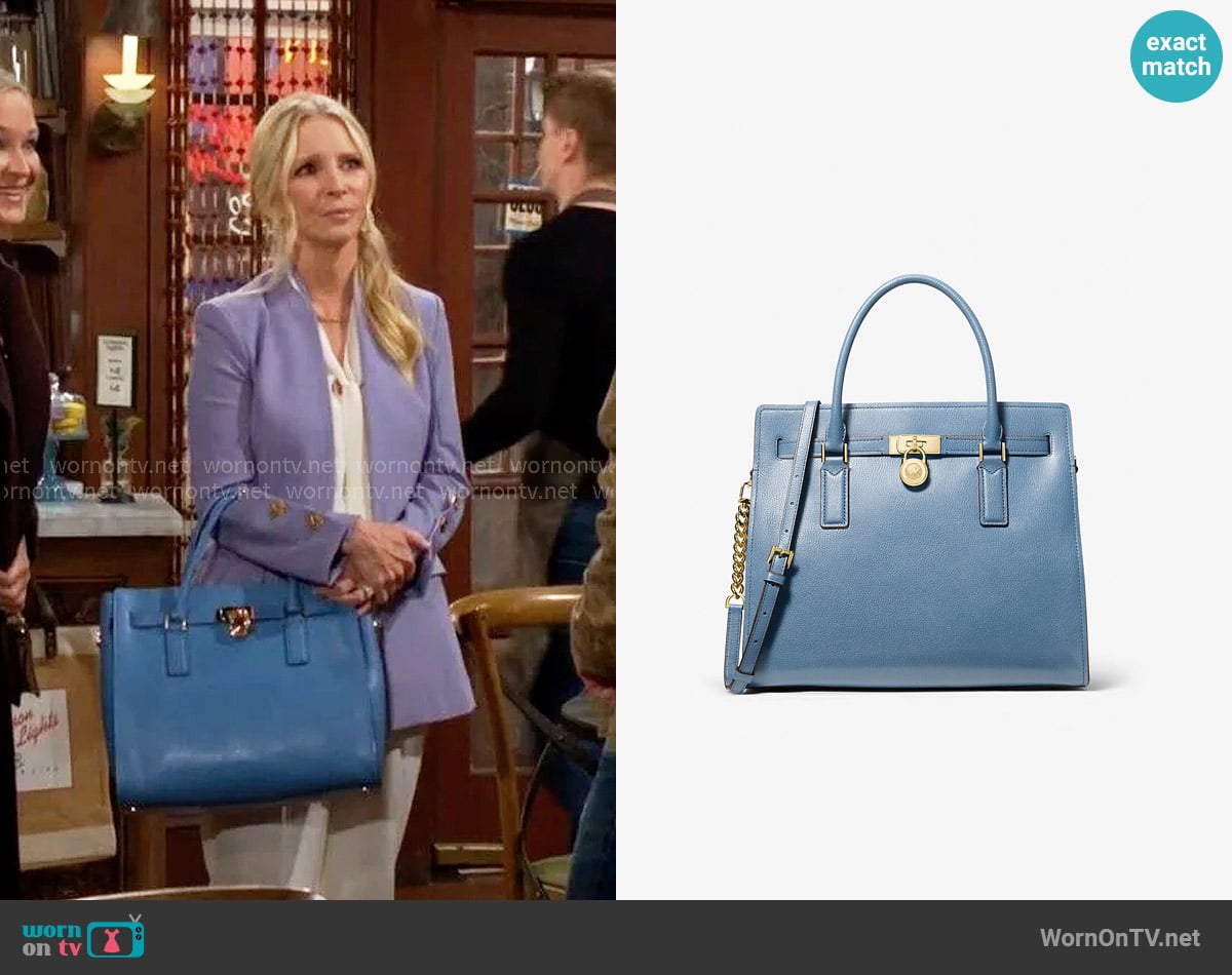 MICHAEL Michael Kors Hamilton Moderne Large Leather Satchel in French Blue worn by Christine Blair Williams (Lauralee Bell) on The Young and the Restless