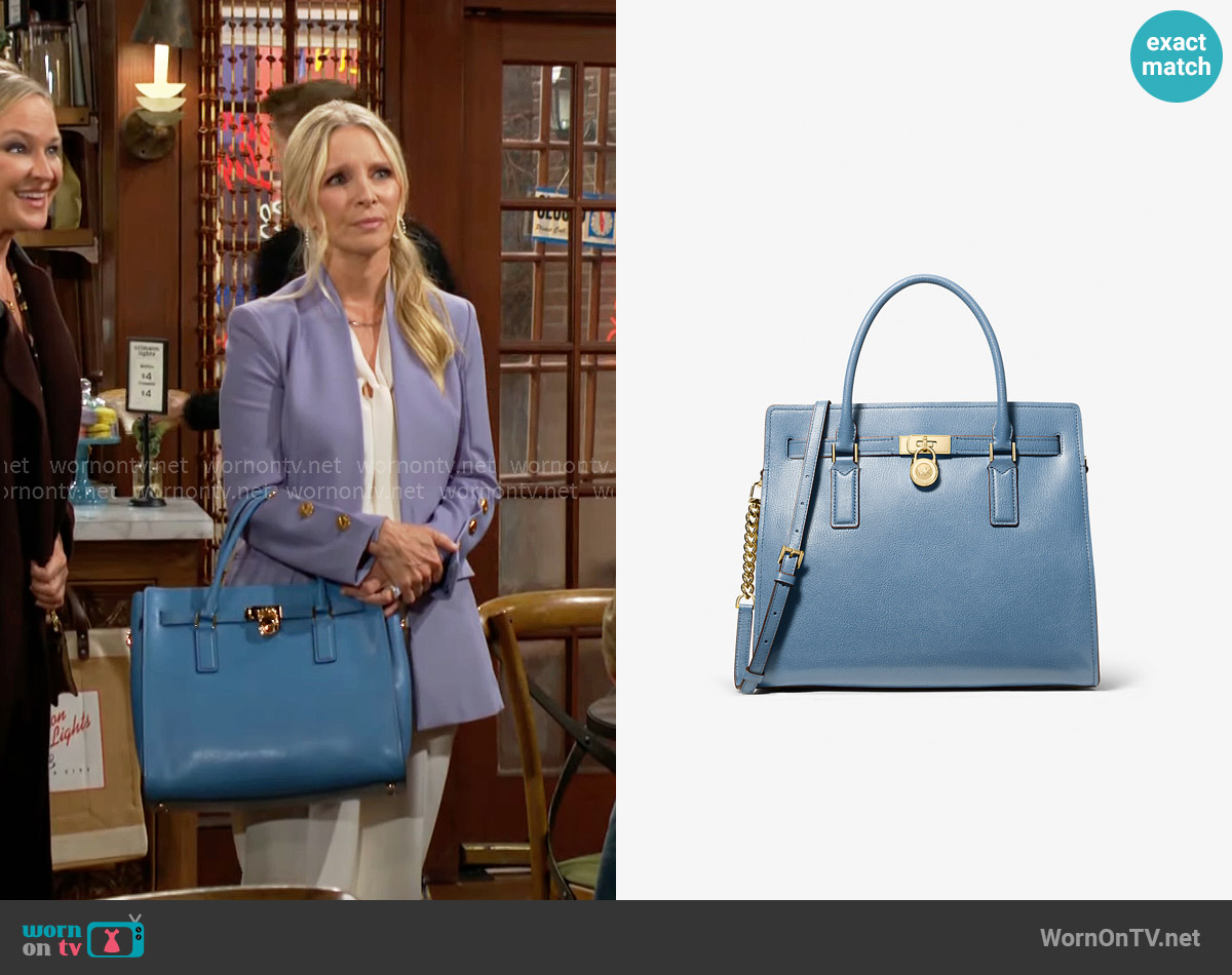 MICHAEL Michael Kors Hamilton Moderne Large Leather Satchel in French Blue worn by Christine Blair Williams (Lauralee Bell) on The Young and the Restless