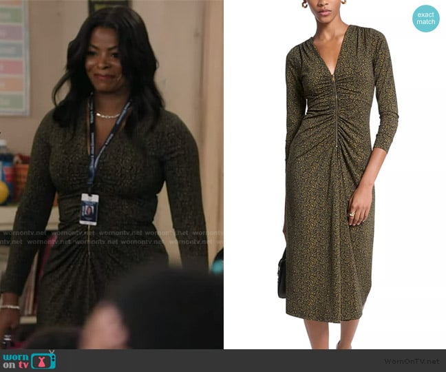 MICHAEL Michael Kors Zip Front Ruched Midi Dress worn by Ava Coleman (Janelle James) on Abbott Elementary