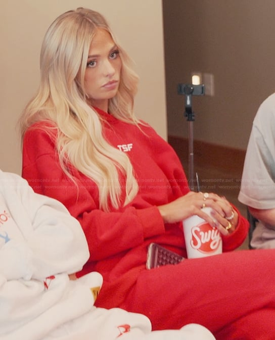 Miranda’s red sweatshirt and pants on The Secret Lives of Mormon Wives