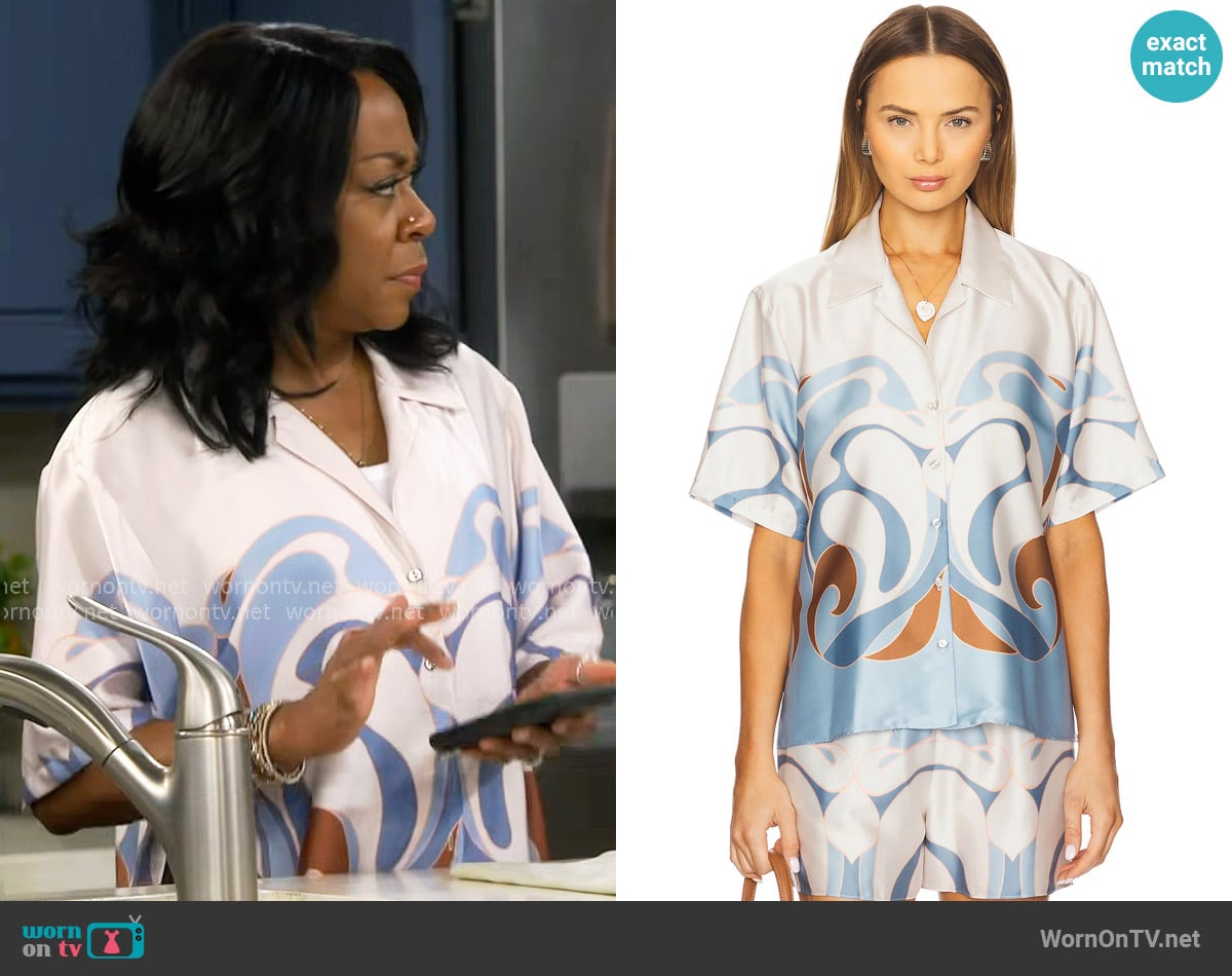 MISA Los Angeles Solange Top in The Swans Border worn by Tina Butler (Tichina Arnold) on The Neighborhood