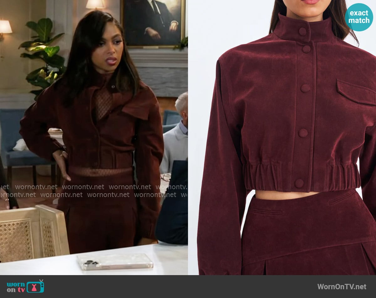 Kat’s burgundy suede jacket on Beyond the Gates