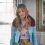 Morgan’s blue cardigan with fur trim and butterfly top on High Potential