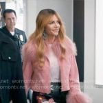 Morgan's floral leather mini skirt and pink fur jacket on High Potential