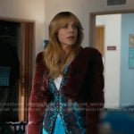Morgan’s snake print mesh top, burgundy fur jacket and blue shorts on High Potential