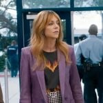 Morgan’s flame heart t-shirt and purple leather jacket on High Potential