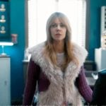 Morgan’s purple cardigan with fur trim and marble print skirt on High Potential