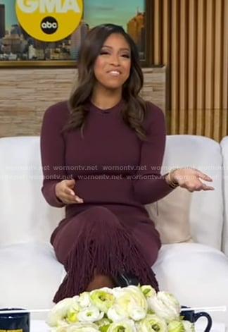 Morgan's burgundy fringe hem knit dress on Good Morning America