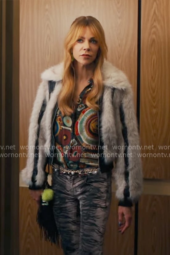 Morgan’s printed shirt, zebra print jeans and fur jacket on High Potential