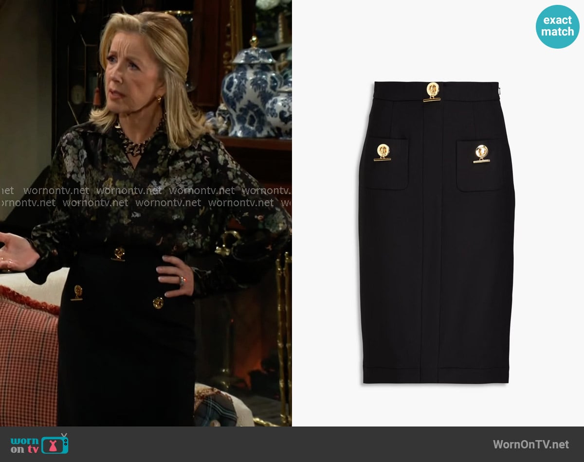 Moschino Embellished grain de poudre pencil skirt worn by Nikki Reed Newman (Melody Thomas-Scott) on The Young and the Restless