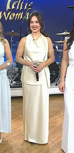 Muirgen O’ Mahony’s ivory satin top and maxi skirt on Today