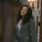Naomi’s grey cable knit long cardigan on Beyond the Gates