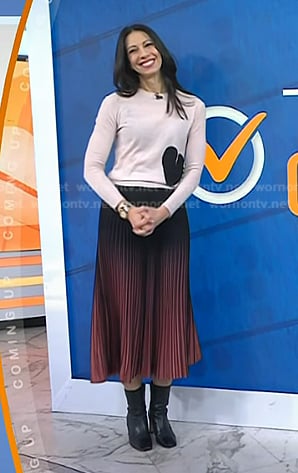 Natalie’s pink heart sweater and pleated ombre skirt on Today