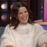 Neve Campbell’s white fuzzy sweater on The Kelly Clarkson Show