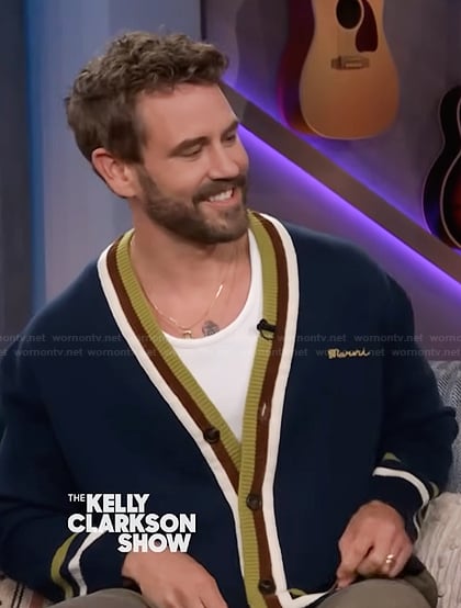 Nick Viall’s blue contrast stripe cardigan on The Kelly Clarkson Show