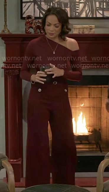 Nicole’s burgundy asymmetric top and pants on Beyond the Gates