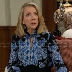 Nikki’s blue and black printed blouse on The Young and the Restless