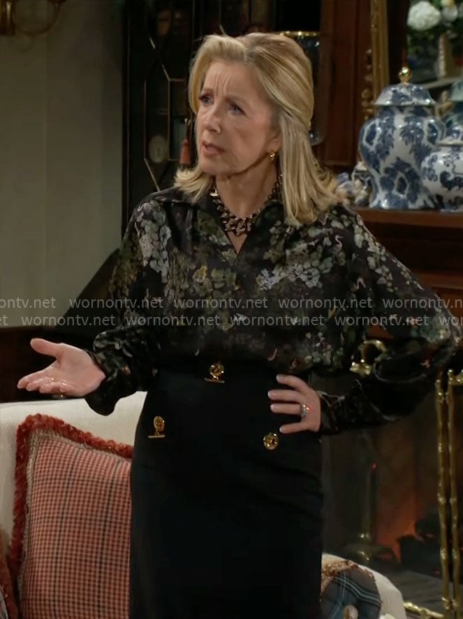 Nikki’s black floral button down blouse on The Young and the Restless