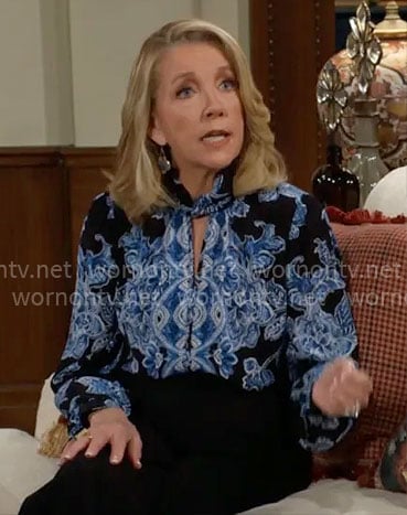 Nikki’s blue and black printed blouse on The Young and the Restless