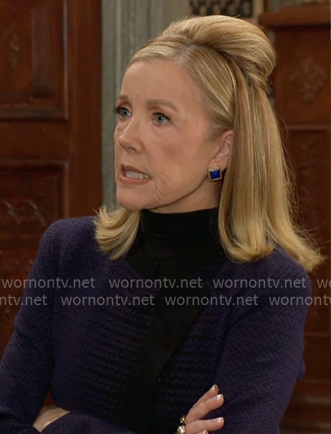 Nikki’s blue herringbone jacket on The Young and the Restless