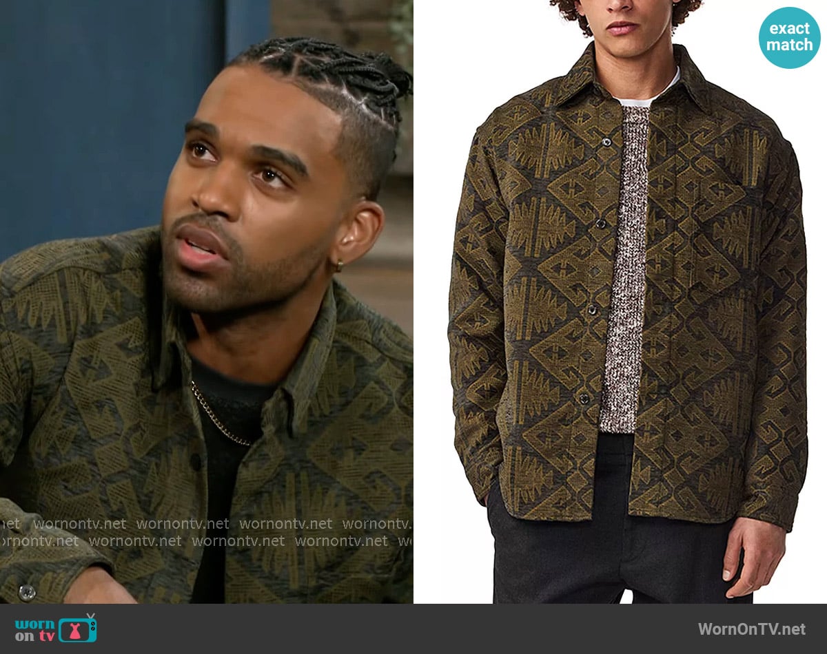 Izaiah’s green printed shirt jacket on Beyond the Gates