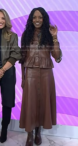 Nyakio Grieco’s brown leather peplume jacket and skirt on Today