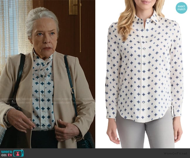 NYDJ Three Quarter Sleeve Printed Pintucked Back Blouse In Sprinkle Dots worn by Madeline Matlock (Kathy Bates) on Matlock