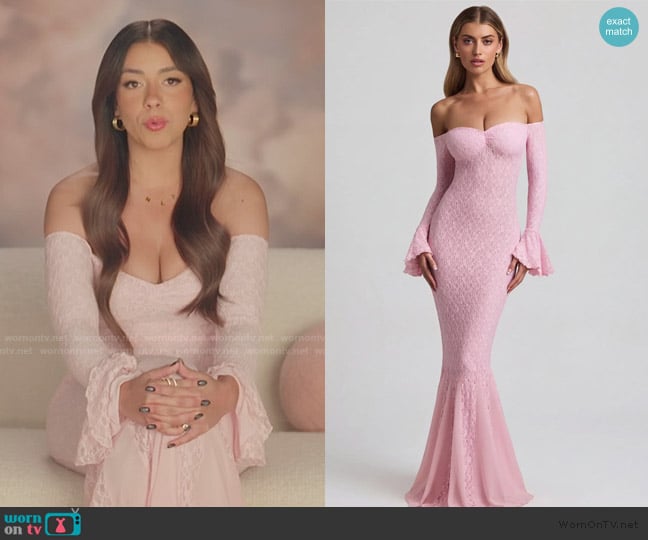 Oh Polly Verena Off-Shoulder Ruffle Lace Maxi Dress in Soft Pink worn by Jen Affleck on The Secret Lives of Mormon Wives