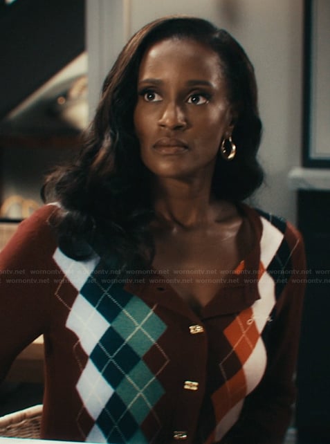 Olympia's argyle print cardigan on Matlock