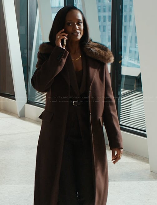 Olympia's brown shearling collar coat on Matlock