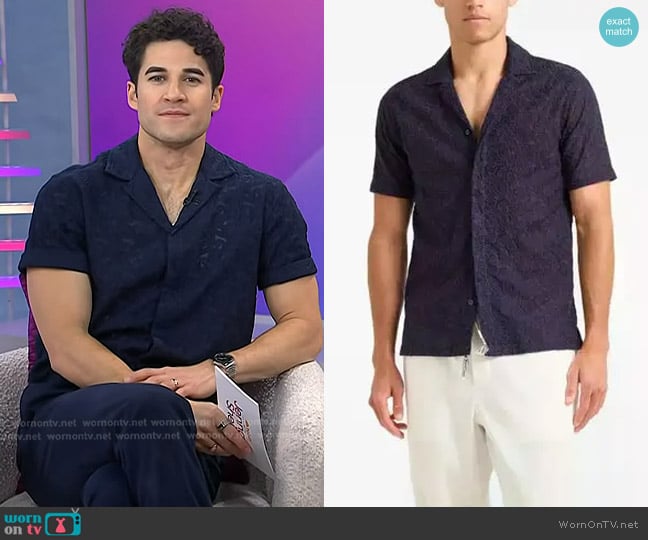 Darren Criss’s navy embroidered shirt on Today
