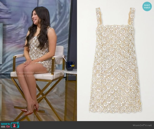 Alex Aster’s floral beaded embellished mini dress on GMA Alex Aster’s floral beaded embellished mini dress on GMA