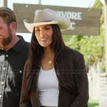 Padma’s brown fringe suede jacket on Americas Culinary Cup