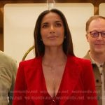 Padma’s red velvet vest, blazer and pants on Americas Culinary Cup