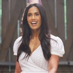 Padma’s white eyelet wrap dress on Americas Culinary Cup