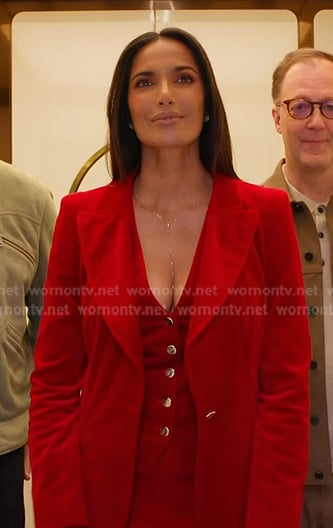 Padma’s red velvet vest, blazer and pants on Americas Culinary Cup