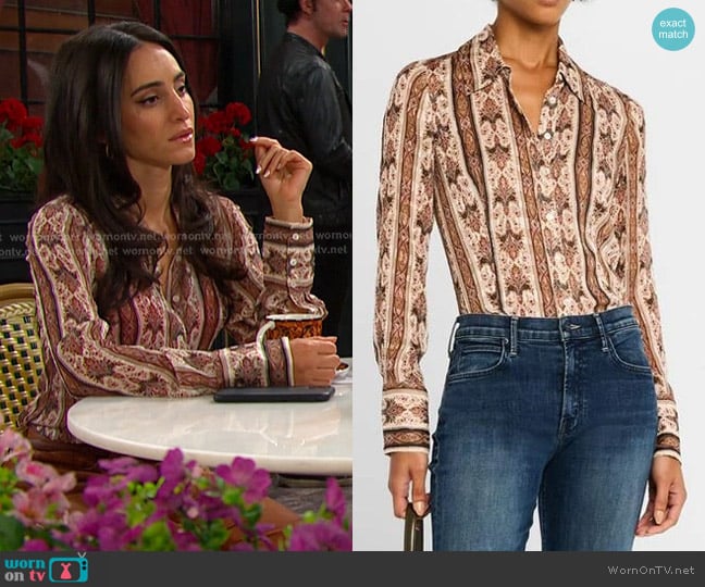 Paige Desano Printed Button-Front Shirt in Buttercream Multi worn by Gabi Hernandez (Cherie Jimenez) on Days of our Lives