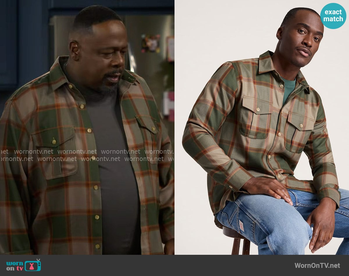Pendleton Harrison Plaid Shirt in Green / Tan Block Plaid worn by Calvin (Cedric The Entertainer) on The Neighborhood
