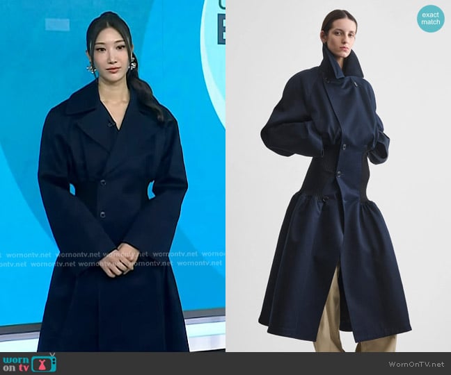 Phoebe Philo Kick Coat in dark navy cotton worn by Ejae on Today