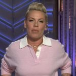 Pink’s pink contrast polo sweater on The Kelly Clarkson Show