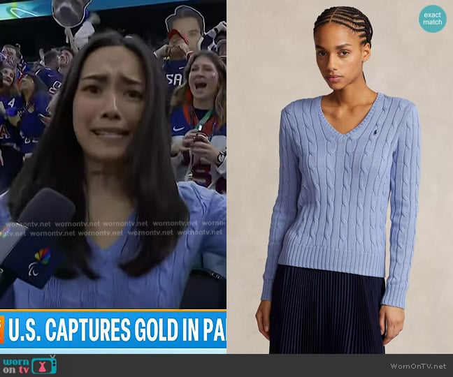 Polo Ralph Lauren Cable-Knit Cotton V-Neck Sweater in New Litchfield Blue worn by Emilie Ikeda on Today